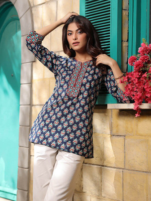 Jixpox Women Floral Print A-line Kurta(Blue)