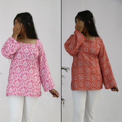 aanzri Women Printed A-line Kurta(Red, Pink)