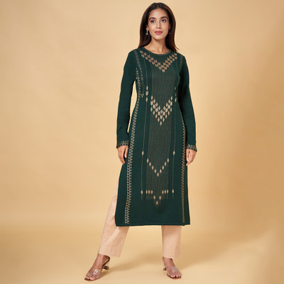 YU by Pantaloons Women Self Design A-line Kurta(Beige, Dark Green)