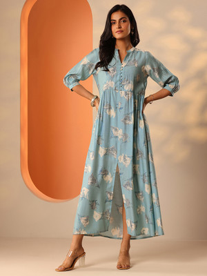 LIBAS Women Printed Flared Kurta(Blue)