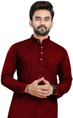 TRUST OUS Men Embroidered Straight Kurta(Maroon)