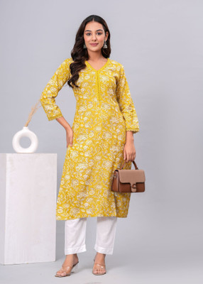 AbhiEthnic Women Printed A-line Kurta(Yellow)