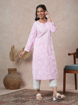 ADA Women Embroidered Straight Kurta(Pink)