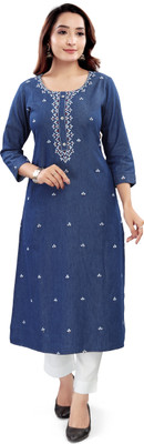 Aprika Women Embroidered Straight Kurta(Blue)