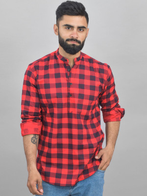 QuaClo Men Checkered Straight Kurta(Red)