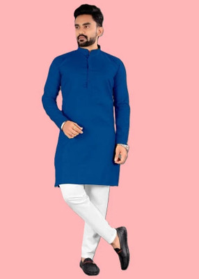 PoshSide Men Solid Straight Kurta(Dark Blue)