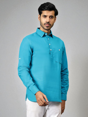 FireFish Men Solid A-line Kurta(Blue)