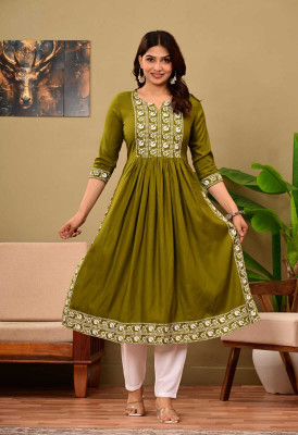 Diwikj Women Embroidered A-line Kurta(Green)