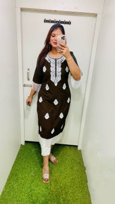 MAHYA Women Embroidered A-line Kurta(Brown)