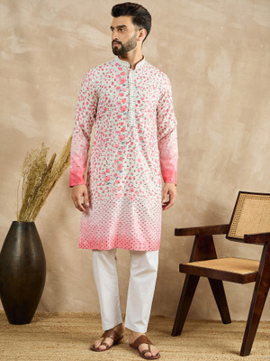 House of Pataudi Men Floral Print Straight Kurta(Pink)