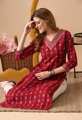 PHYSIL Women Printed Straight Kurta(Red)