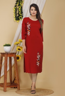 Mehsoos Women Embroidered Straight Kurta(Maroon)