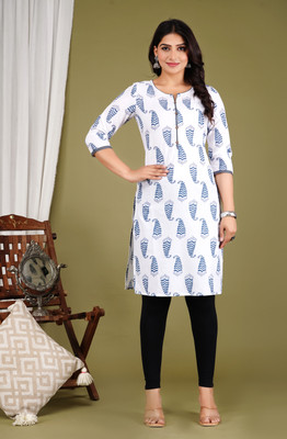 MOAJAZA Women Floral Print Straight Kurta(White, Blue)