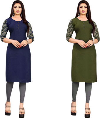 HOFC Women Solid Straight Kurta(Blue, Green)