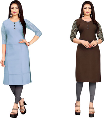 HOFC Women Solid Straight Kurta(Grey, Brown)