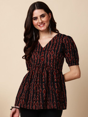 Desi Threads Party Floral Print Women Black Top