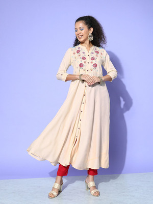 all about you Women Embroidered Anarkali Kurta(White)
