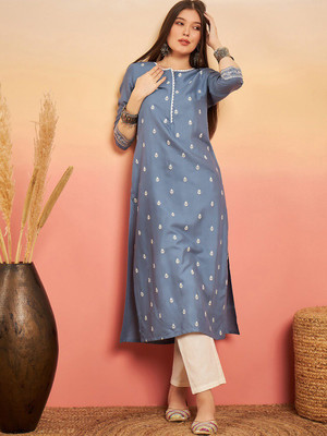 Sangria Women Embroidered Straight Kurta(Blue)