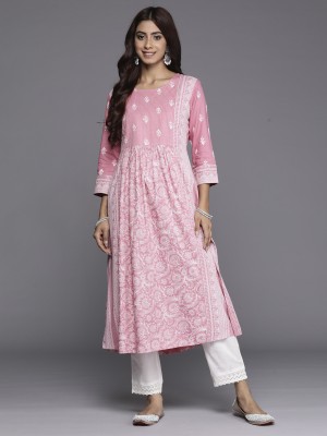 Indo Era Women Printed A-line Kurta(Pink, White)