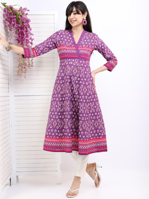 Vishudh Women Printed Anarkali Kurta(Purple)