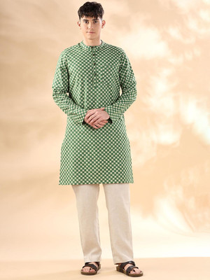 ANOUK Men Geometric Print Straight Kurta(Green)