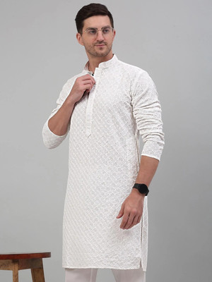 ALMORA Men Chikan Embroidery Straight Kurta(White)