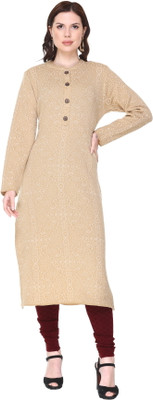 Elthia Women Embroidered A-line Kurta(Beige)