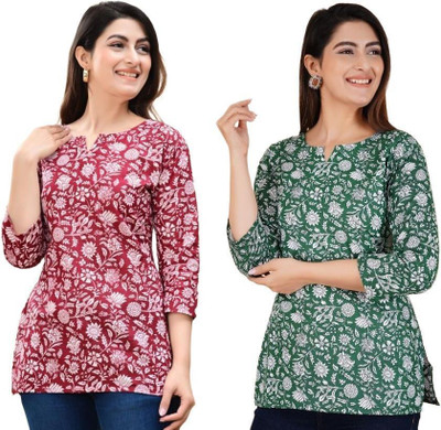 GURUFASHIONS Women Printed Straight Kurta(Red, Green)