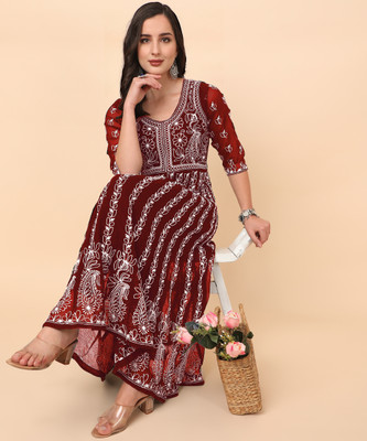 Youthnic Women Chikan Embroidery Anarkali Kurta(Orange)