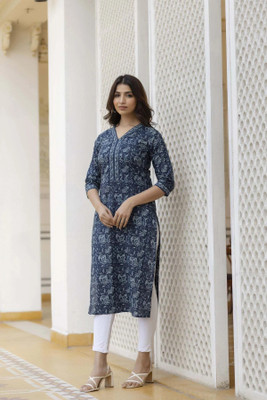 Mauka Women Printed Straight Kurta(Blue)