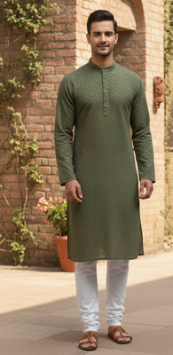 lmr threads Men Self Design Straight Kurta(Dark Green)