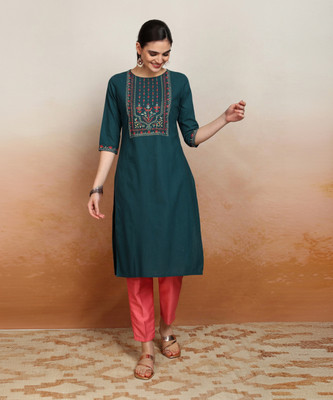 Vishudh Women Embroidered Straight Kurta(Blue)