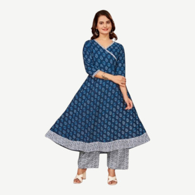 oneworld fashion Women Printed Flared Kurta(Blue)