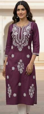 CHIAKANKARI ARTS Women Embroidered, Chikan Embroidery Straight Kurta(Maroon)