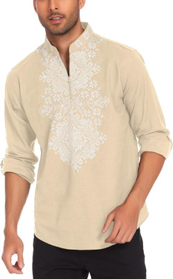 DIMMY Men Solid, Printed Straight Kurta(Beige)