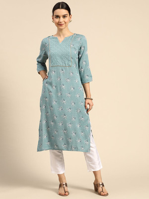 ANOUK Women Embroidered Straight Kurta(Blue)