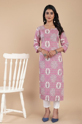 RUVII Women Printed, Geometric Print, Floral Print Straight Kurta(Pink)
