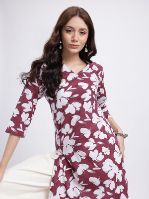 Anouk Rustic Women Floral Print Straight Kurta(Maroon, White)