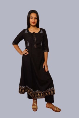 VARSHA CREATION Women Printed A-line Kurta(Black)