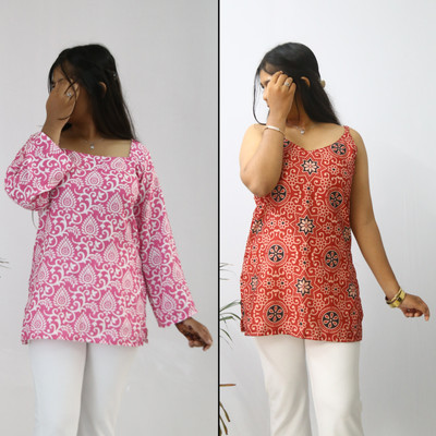 aanzri Women Printed, Paisley A-line Kurta(Pink, Red)