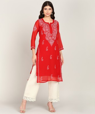 VAHSON Women Chikan Embroidery, Embroidered A-line Kurta(Red, White)