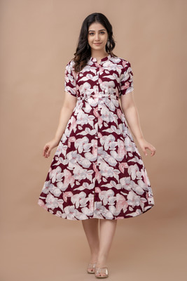 VIPY HANGER Women A-line Maroon Midi/Calf Length Dress