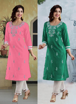 SISTO Women Embroidered A-line Kurta(Pink, Green)