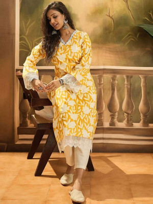 Celtic Fab Women Printed A-line Kurta(Yellow)