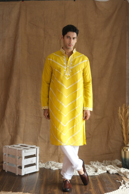 NEXOIRA Men Embroidered, Leheriya Straight Kurta(Yellow)