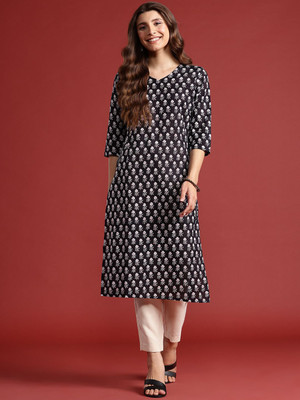 ANOUK Women Printed Straight Kurta(Black)