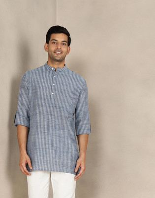 Fabindia Men Striped Straight Kurta(Grey)