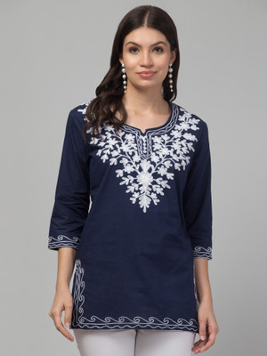 FamBee Women Self Design Straight Kurta(Dark Blue)