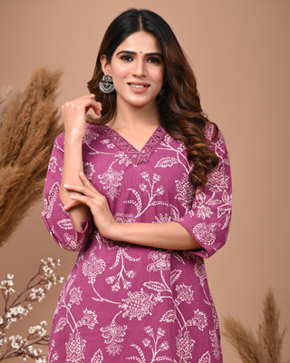 Rimeline Women Printed Straight Kurta(Purple)