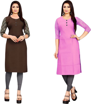 HOFC Women Solid Straight Kurta(Brown, Pink)